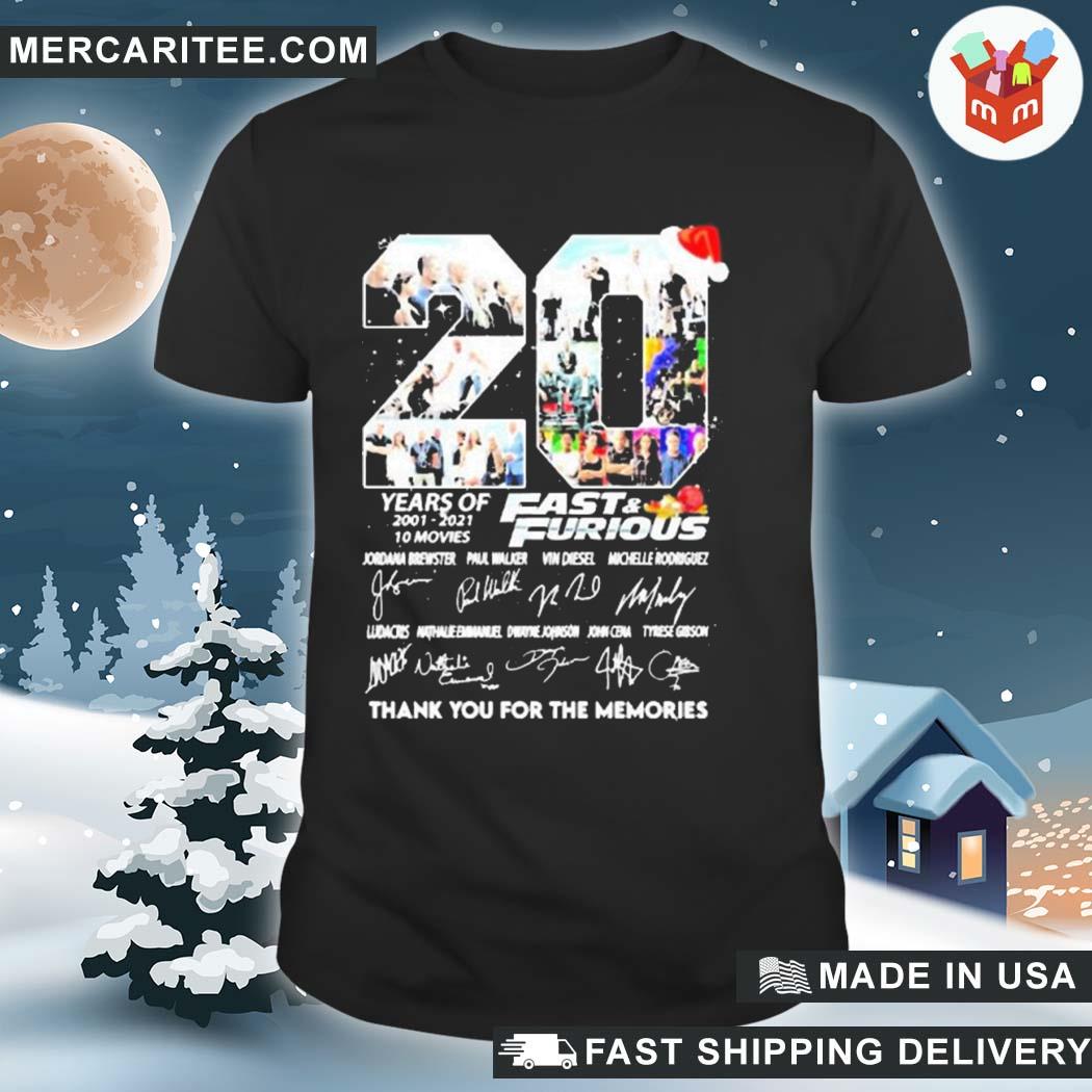 Original funny christmas 20 years of fast and furious 2001 2021 10 movies  signatures thank you for the memories shirt, hoodie, sweater, long sleeve  and tank top