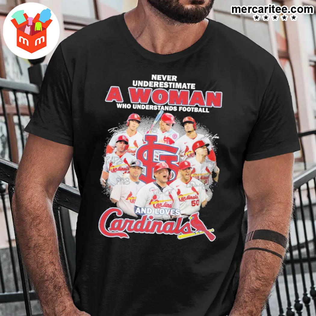 Official Never Underestimate A Woman Who Understands Football And Loves Cardinals All Player Signatures T-Shirt