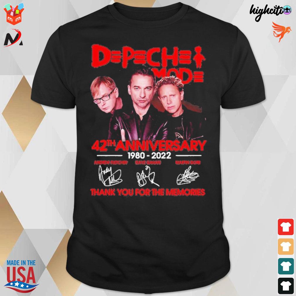 Depeche mode 42th anniversary 1980 2022 Andrew Fletcher Dave Gahan Martin Gore signatures thank you for the memories t-shirt