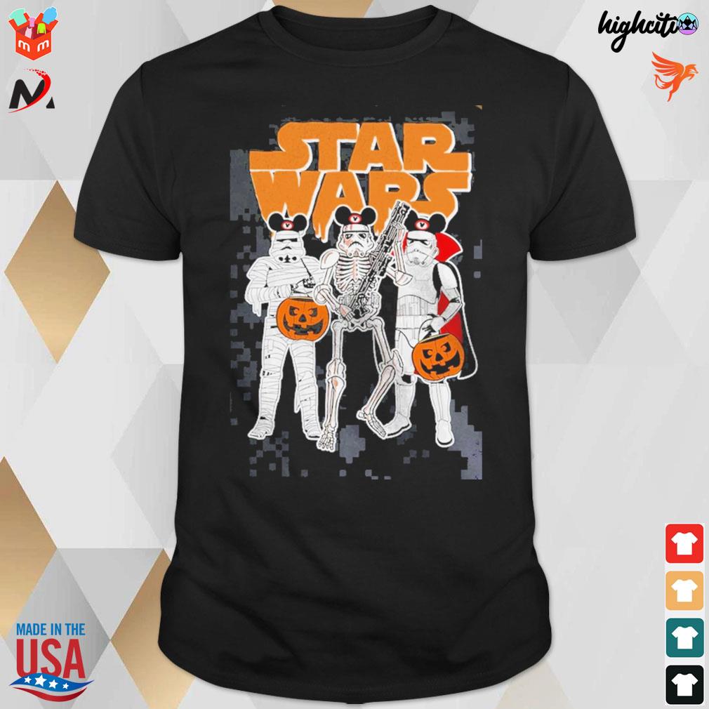Star wars stormtrooper skeleton costume Mickey and pumpkin lights halloween t-shirt
