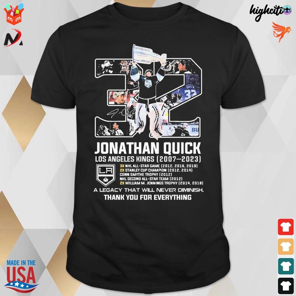 32 Jonathan Quick Los Angeles kings 2007-2023 thank you for the memories signatures t-shirt