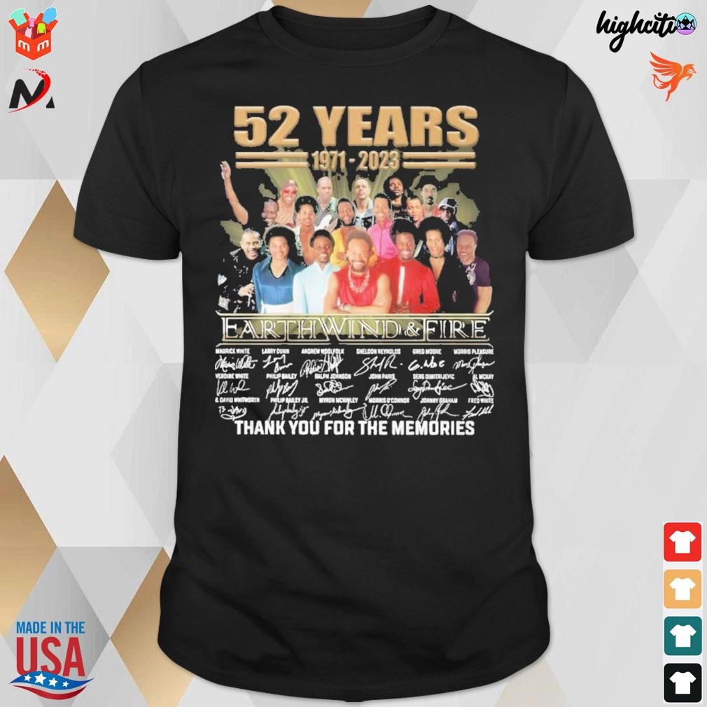 52 years 1971 2023 earth wind and fire thank you for the memories all actor signatures t-shirt