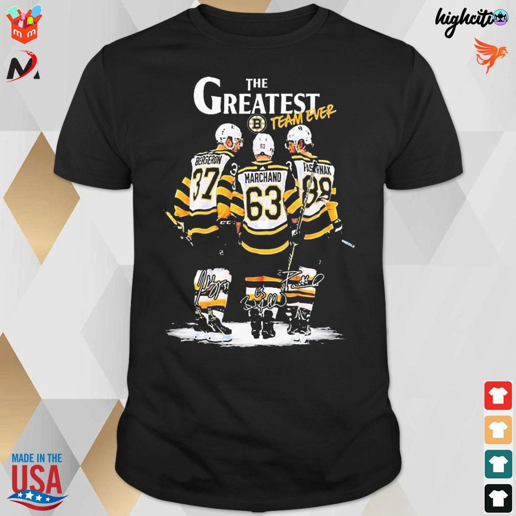 Boston Bruins the greatest team ever 2023 Bergeron Marchand and Pastrnak signatures t-shirt