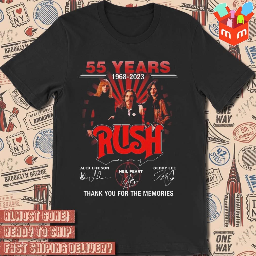 55 years 1968 2023 rush Alex lifeson Neil Peart Geddy Lee thank you for the memories signatures photo design t-shirt