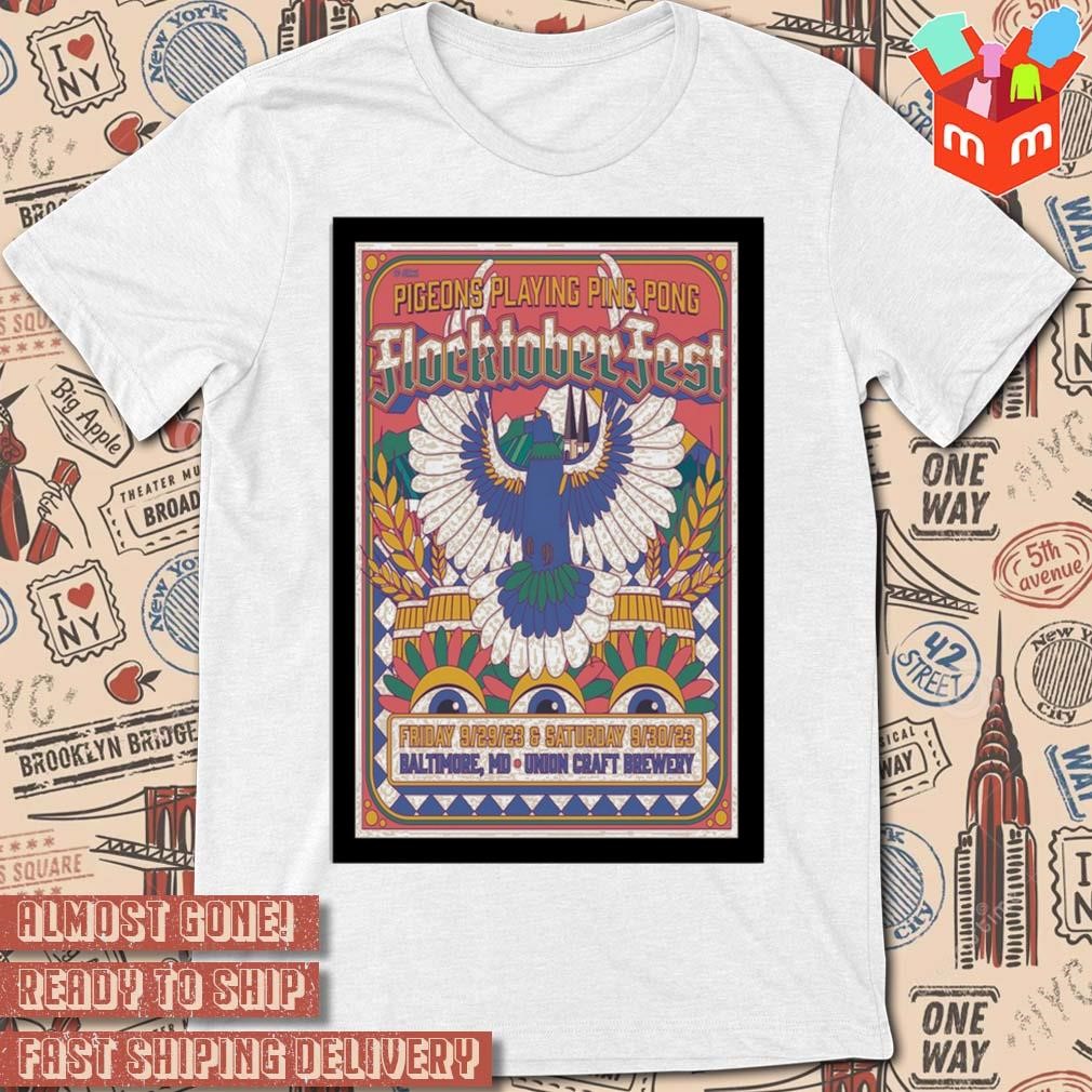 Pigeons playing ping pong band flocktoberfest Baltimore MD union craft Brewery september 29 and 30 2023 art poster design t-shirt
