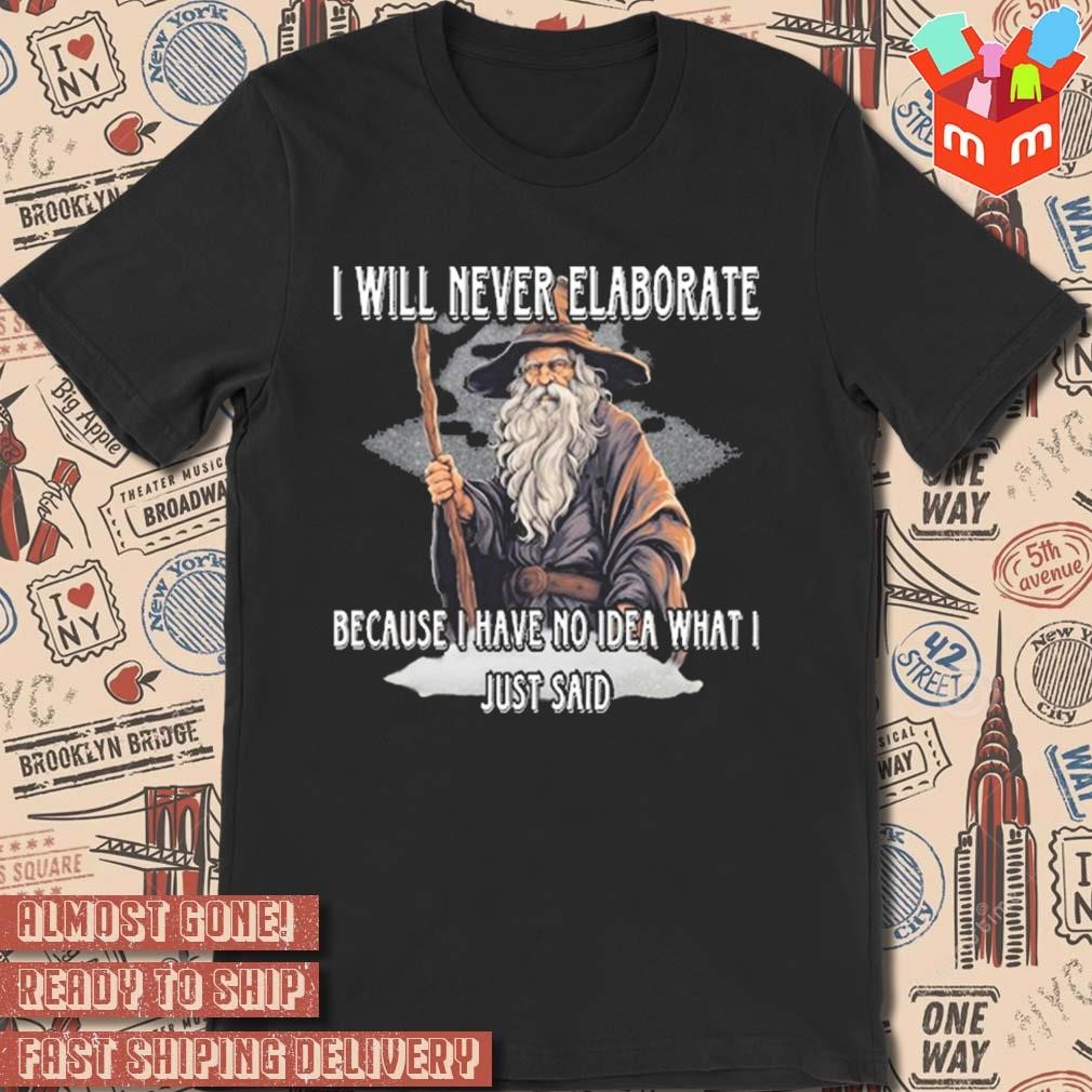 I will never elaborate because I have no idea what I just said wizard t-shirt