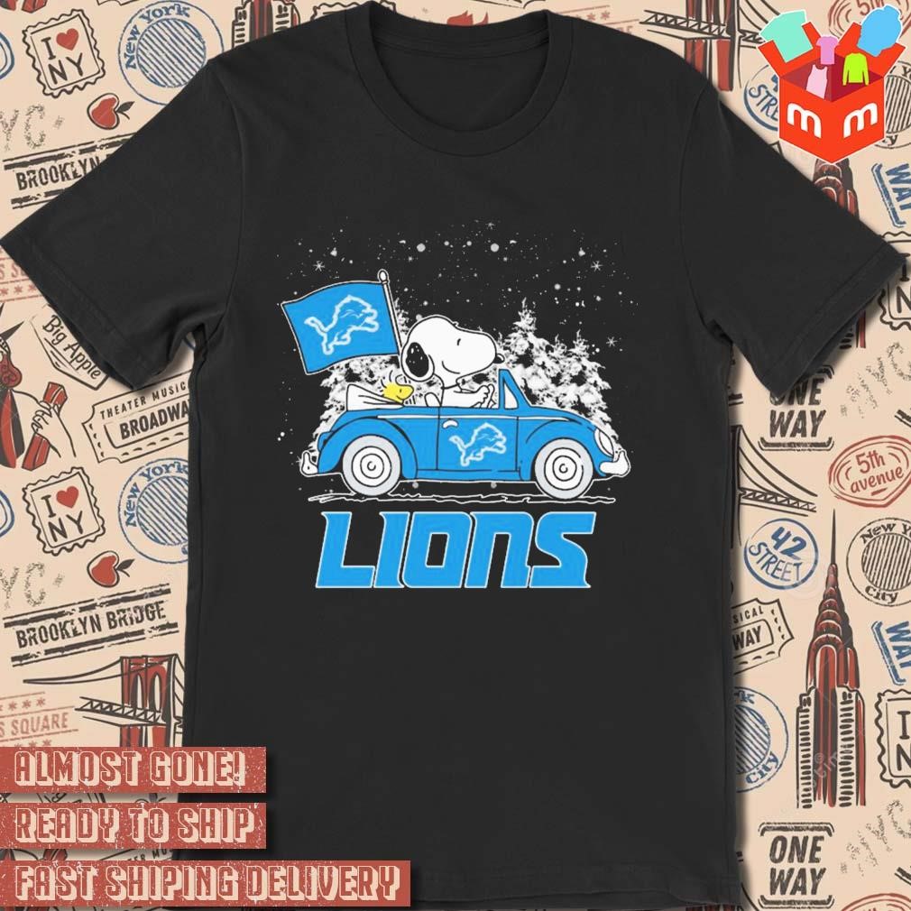 Snoopy and Woodstock driving car Detroit Lions snow Christmas 2023 t-shirt